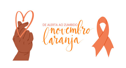 Novembro Laranja translation from portuguese November Orange, Brazil campaign for tinnitus awareness. Handwritten calligraphy and human hands in heart shape vector