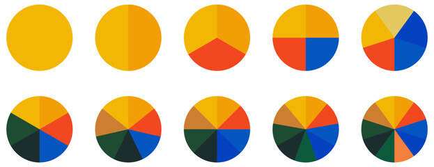 Circle pie chart icons. Colorful diagram with 10 sections. Vector illustration isolated on white background
