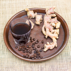 Indonesian traditional drink called ginger coffee which is made from a mixture of pure coffee and crushed ginger that has been burned brewed with a little sugar makes the body warm and healthy