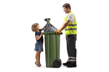 Waste collector holding a green dustbin and a child throwing a bag
