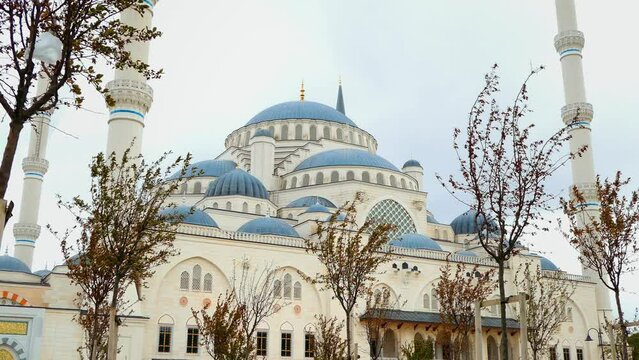 Timelapse Grand Camlica Mosque Istanbul Turkey. Beautiful big blue mosque no people. Artistic Islamic architecture 4k. travel and culture concept