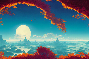 Mountain and sea nature background in ghilbli style