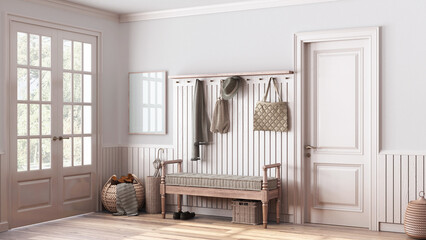 Farmhouse hallway in white and bleached tones. Wooden bench and coat rack. Glass entrance door, vintage interior design