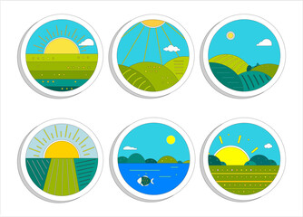 Farmland outline vector illustration set. Line cartoon vector illustration with rural farm fields landscapes.