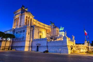Architecture of the Vittorio Emanuele II Monument in Rome at night, Italy