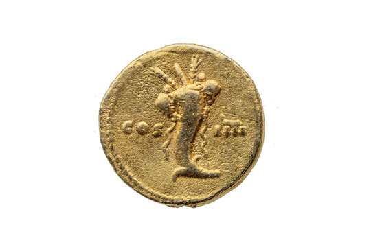 Roman gold aureus replica coin reverse of Roman Emperor Domitian AD 81-96 showing cornucopia (horn of plenty), png stock photo file cut out and isolated on a transparent background
