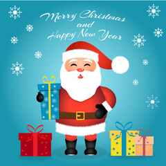 Cheerful Santa Claus with gifts greets and wishes Merry Christmas and Happy New Year 2023