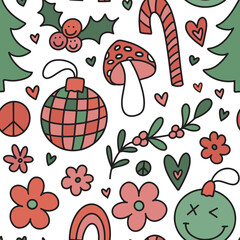 Groovy Christmas clip art elements set. Retro 70s hippie collection of cute festive winter hand drawn doodles - xmas tree. disco ball, holly berry, mistletoe, amanita mushroom, hearts. Vector 