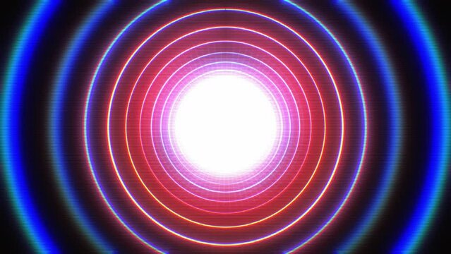 Abstract Retro VJ Background With Light Circles/ 4k animation of an abstract retro flashy vj background synthwave tunnel of shiny light circles with chromatic distortion and lens flare effects