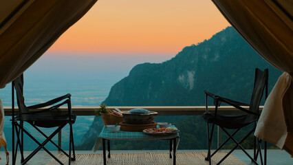 View from inside camp tent. Amazing sunset time in mountains