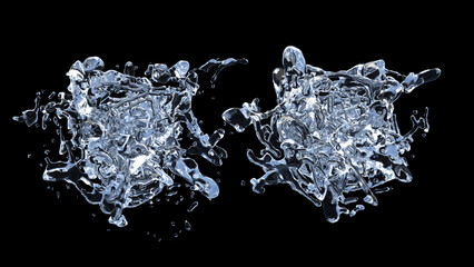 Water Splash with droplets on black background. 3d illustration.