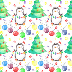 Hand drawn watercolor seamless pattern wirh cute penguin, tree with star on top and garland with lot of multicolored christmas balls.Aquarelle illustrated winter background on white