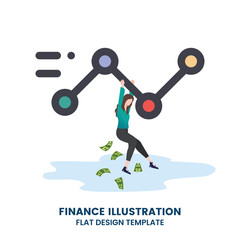 Businessman hang on a line graph which is loss the money. Vector, illustration, flat