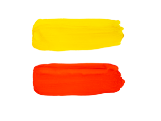 Brush stroke with yellow and red paint, on a white background, close-up