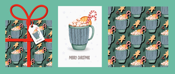 CHRISTMAS SET, Christmas and New Year template set for greeting scrapbooking, congratulations, invitations, tags, cards. Vector illustration.creative artistic templates with winter mugs