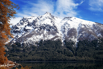 landscape in argentinian patagonia of lakes and snow-capped mountains