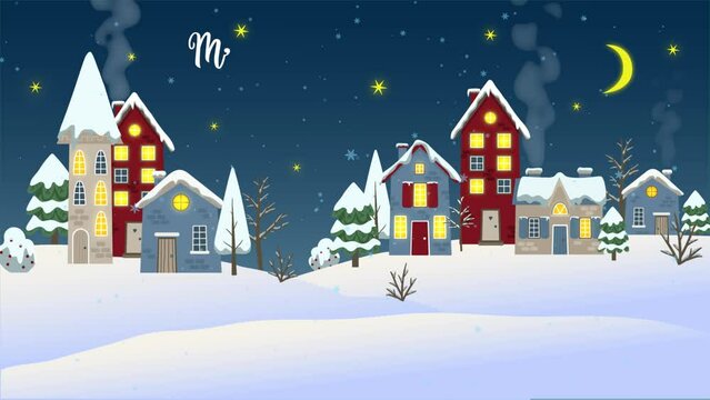 2d flat animation of Christmas winter background with houses and trees and text Merry Christmas and Happy New Year.  Transparent transition at the start.