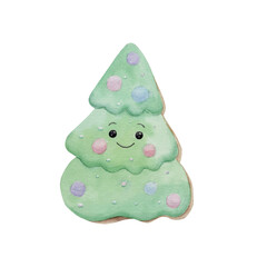 Christmas gingerbread cookie tree. Cute cartoon watercolor christmas gingerbread green tree 