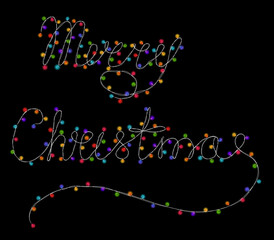 Merry Christmas lights. Glowing lights banner. Color christmas lights border. Merry Christmas text. Happy new year decor string lights. Cartoon lights. Christmas garlands, lights background.
