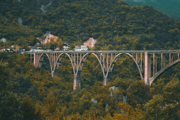 Dzhurdzhevich bridge above the Tara River with the view of the canyon at autumn