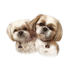 Portrait of two cute Shih Tzu Dogs. Toy or Miniature Poodle isolated on white background. Lap dogs. Hand drawn pet illustration. Animal art collection. Design template. Good for print T-shirt, pillow