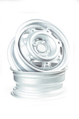 on a white background. a metal disc of a car without a tire. close-up.