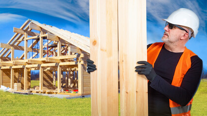 Man builder. Guy considers boards for construction. Man builder in sunglasses builds house. Male near framed wooden cottage. Construction company worker under summer sky. Builder building frame house