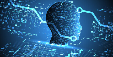 Artificial Intelligence. Technical background with a silhouette of a man. Big data concept. Machine cyber mind.