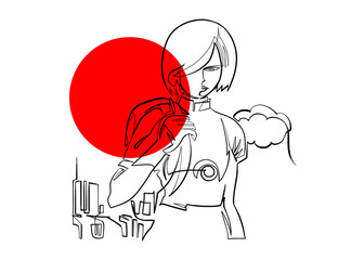 Schoolgirl with backpack, red sun continuous line vector