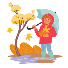 Child with umbrella in autumn, flat vector illustration isolated on white background. Autumn season walk.