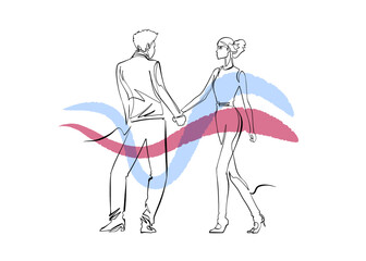 Man and woman dancing, continuous line vector drawing