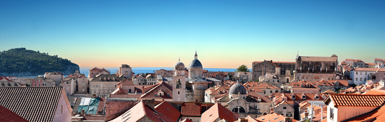 panoramic view to the city skyline of Dubrovnik's Old City while sunrise