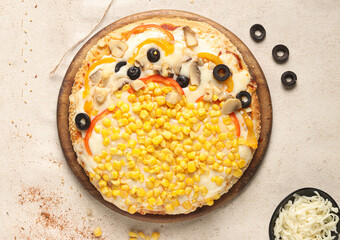 Delicious pizza with a sophisticated background of cheese and vegetables