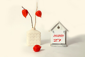 Calendar for January 27: a decorative house with the name of the month of January in English, the numbers 27 are written on it, a bouquet of physalis in a square vase, a light background