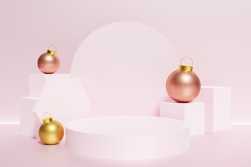 3d render of pink podium with a with cubes and gold Christmas baubles on a pastel pink background