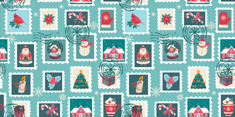 Christmas postmarks seamless pattern for wallpaper, wrapping paper and fabric. Vector winter background