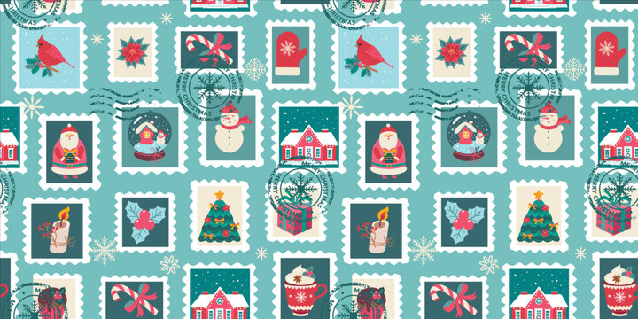 Christmas postmarks seamless pattern for wallpaper, wrapping paper and fabric. Vector winter background
