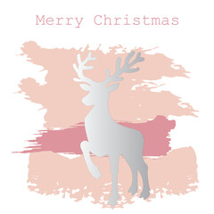 Fototapeta na wymiar Christmas card with pink watercolor brush strokes, silver deer silhouette and english lettering merry christmas
