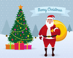 Merry Christmas greeting card with Santa Claus and Christmas tree and gifts.