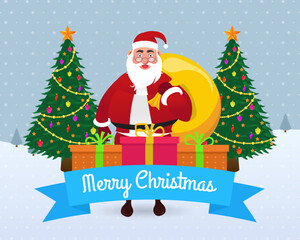 Merry Christmas greeting card with Santa Claus and Christmas tree and gifts.