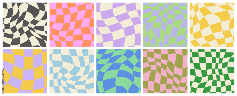 Poster colorful trendy checker board background template collection. set of geometric pastel square texture