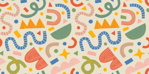 Abstract vintage style seamless pattern with colorful geometric shape decoration. Flat celebration cartoon background, simple festive shapes in bright childish colors. Birthday party concept print.