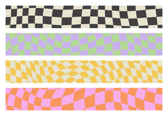 Colorful trendy checker board background template collection. Set of geometric pastel square texture in vintage y2k style.	Horizontal web header frame bundle.