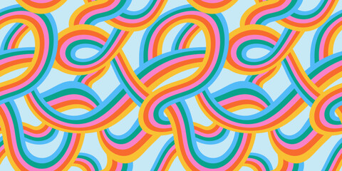 Retro 60s style rainbow seamless pattern with pastel color stripes. Vintage psychedelic wave cartoon background. Trendy hippie 70s stripe print illustration. - obrazy, fototapety, plakaty