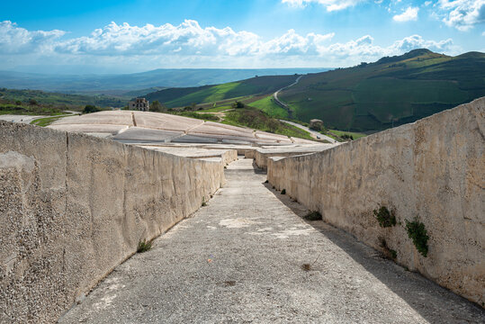 The crack of Burri, Italian Il Cretto di Burri. Monumental landscape artwork in Sicily. The village of Gibellina, destroyed by a quake, undertaken under concrete awakens as a spectacular work of art