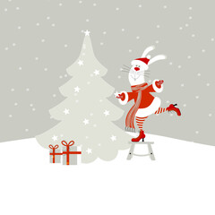 Cute cartoon character smiling bunny or hare santa claus decorating christmas tree. Editable flat style christmas and new year vector illustration