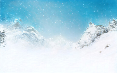 Fototapeta na wymiar Christmas Fantastic Winter Epic Landscape of Mountains. Celtic Medieval forest. Frozen nature. Glacier in the mountains. Mystic Valley. Artwork sketch. Gaming RPG background. Game asset. 