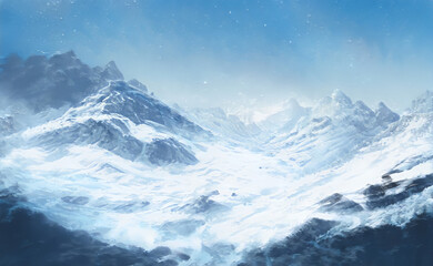 Christmas Fantastic Winter Epic Landscape of Mountains. Celtic Medieval forest. Frozen nature. Glacier in the mountains. Mystic Valley. Artwork sketch. Gaming RPG background. Game asset.  