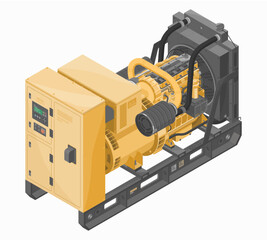 Power generators big diesel genset engine motor isometric for industry and construction equipment yellow in white isolated