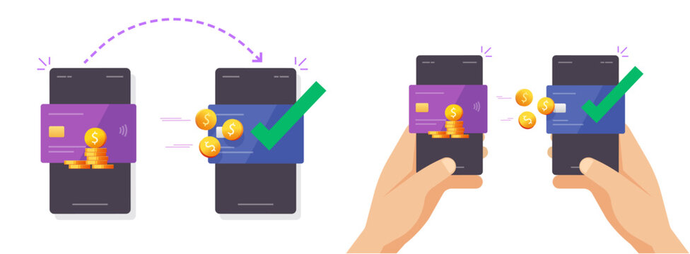 Money transfer card to bank card via mobile cell phone transaction vector flat graphic illustration, banking via cellphone smartphone app concept, send and receive digital cash online image